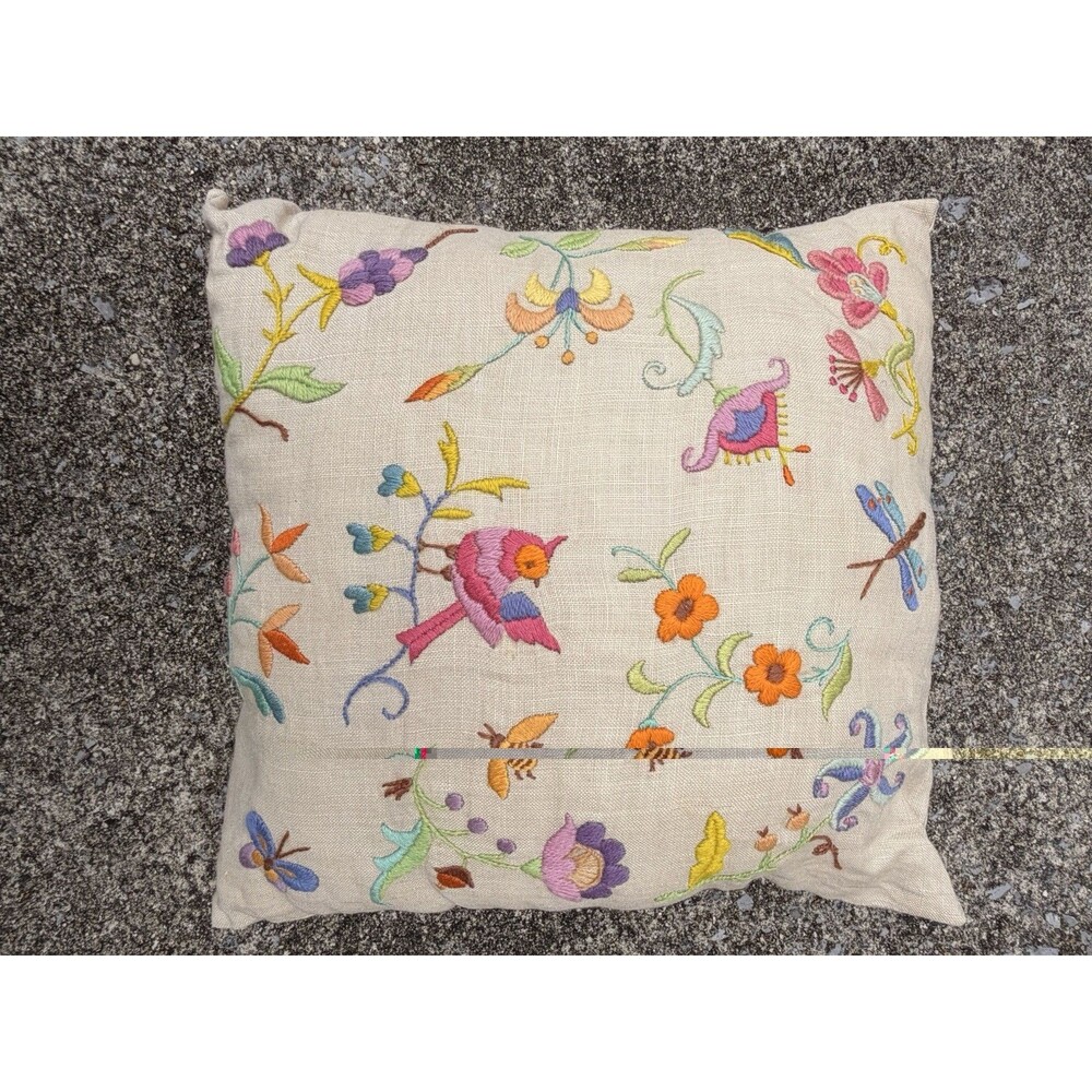 Embroidered Bird Floral Linen Throw Pillow Cottagecore Folk Art Boho 12x12 SU